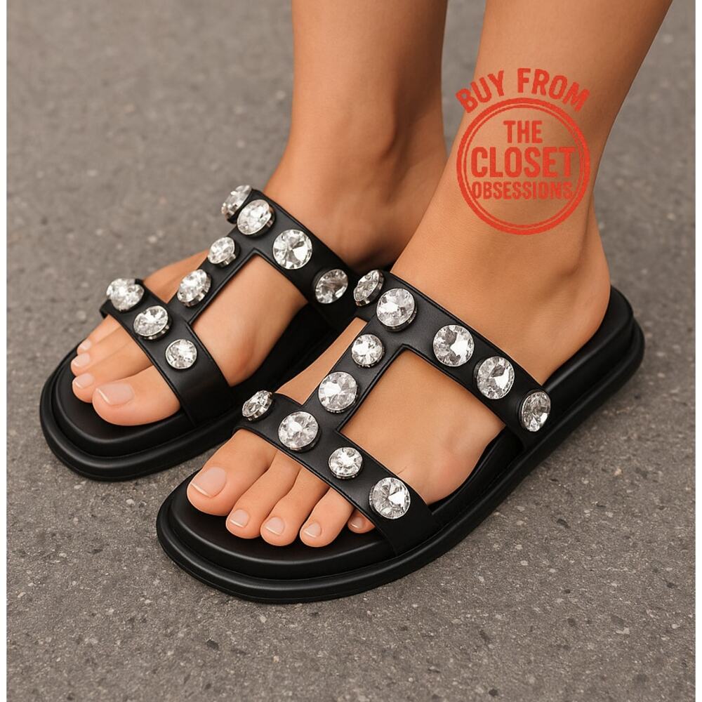 ZARA Black Crystal Embellished Flat Sandals NWT Double Strap Gem Slides Size 7.5 - Picture 5 of 16